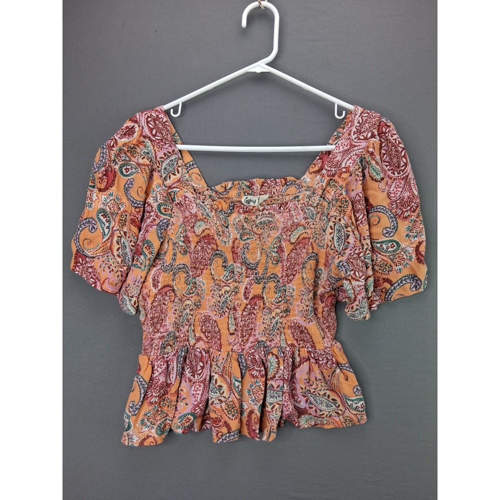Gypsy Love Peplum Top Womens Large Orange Paisley Smocked Puff Sleeve Boho